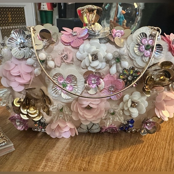 Handbags - Floral Embellished Clutch with Chain